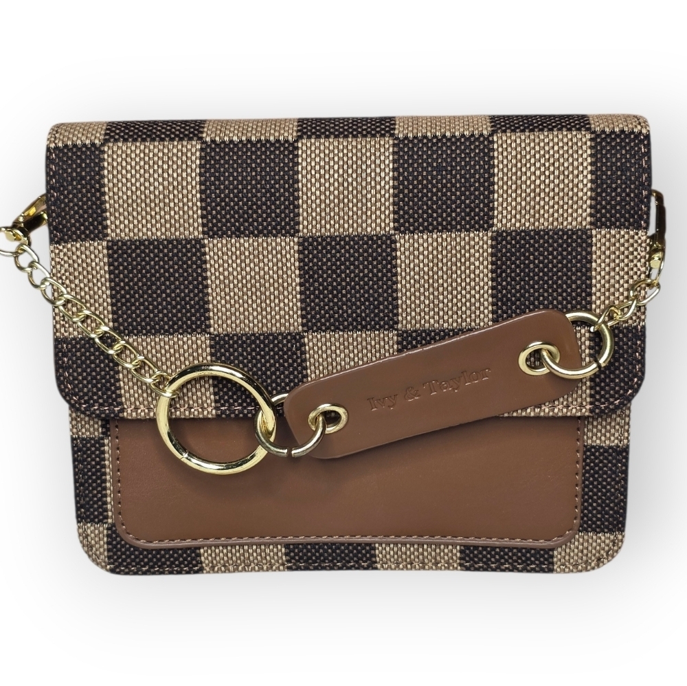 Ivy & Taylor Brown Checkered Flap Clutch Gold Chain Mini Bag